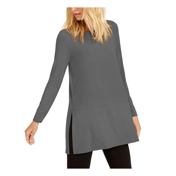 EILEEN FISHER Tops - EILEEN FISHER Womens Gray Slitted Long Sleeve Boat Neck Tunic Top Petites S\P
